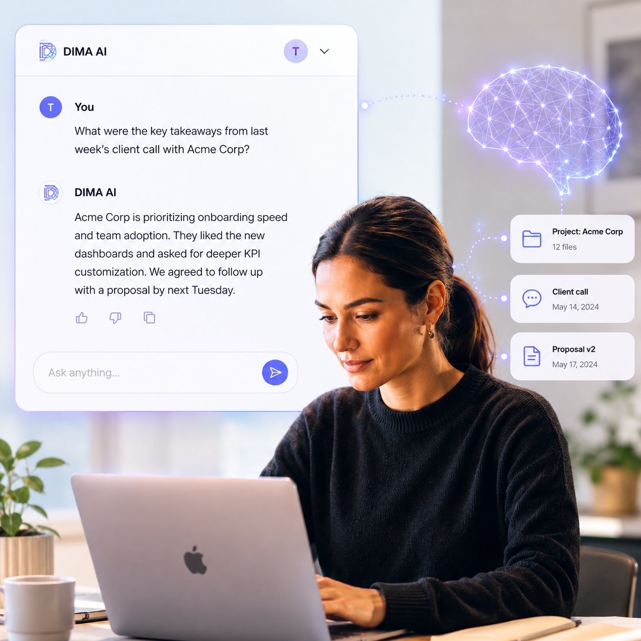 DIMA company chat grounded in startup documents and product context