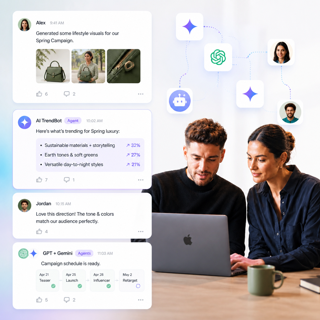 DIMA workspace feed showing operational work, agent runs, and team updates