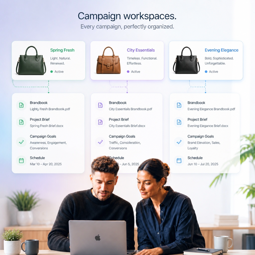 DIMA project workspace with goals, brief, and team context for a campaign