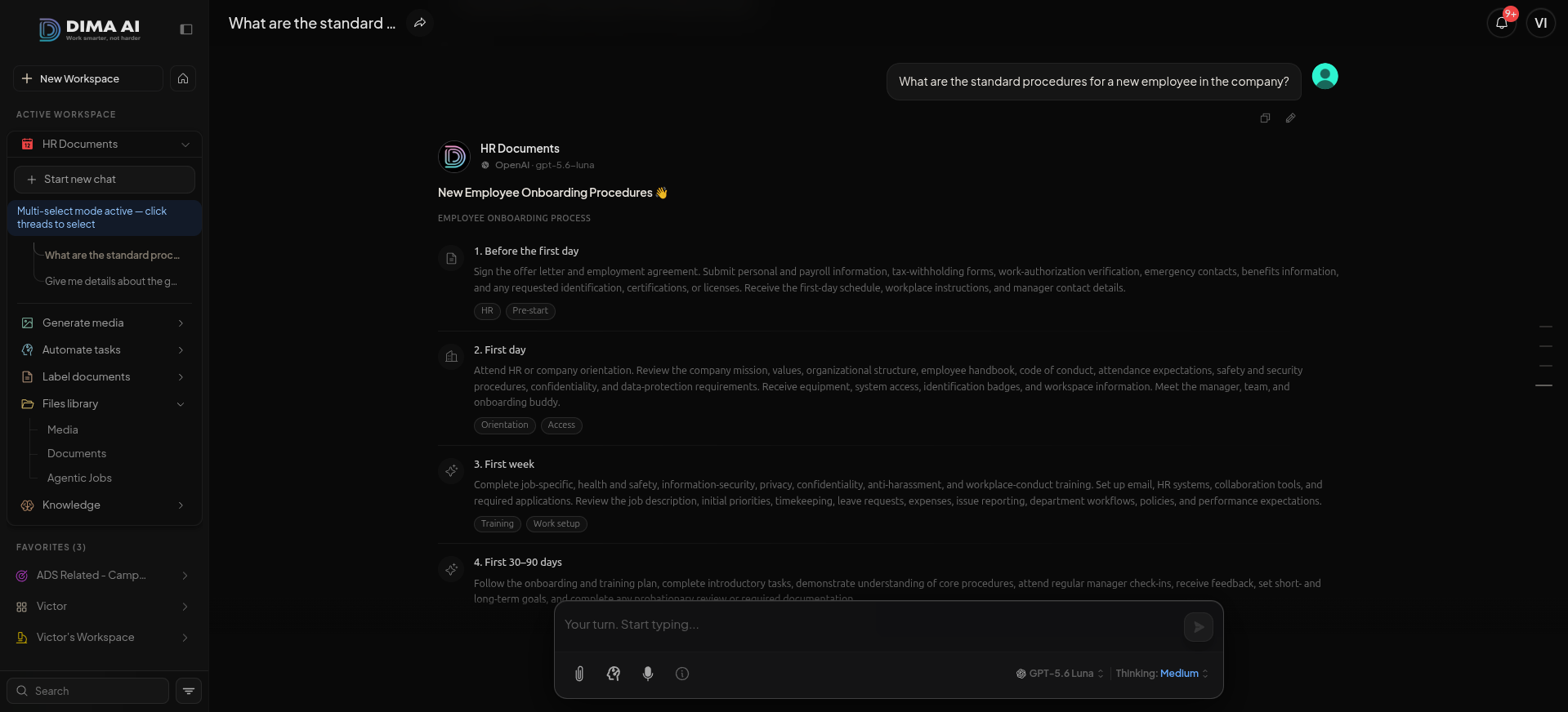 DIMA company chat answering a customer question using the business price list and services