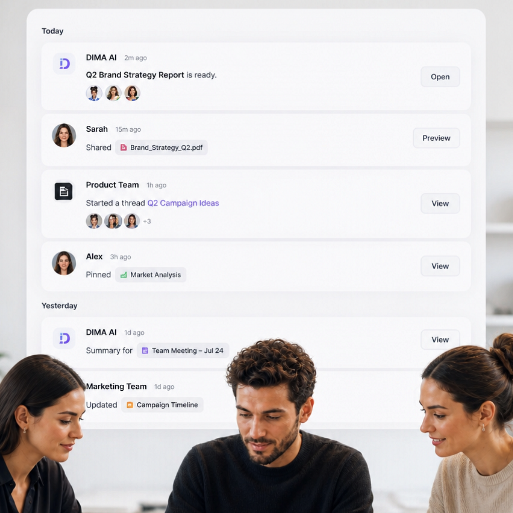 Workspace feed showing team and AI work